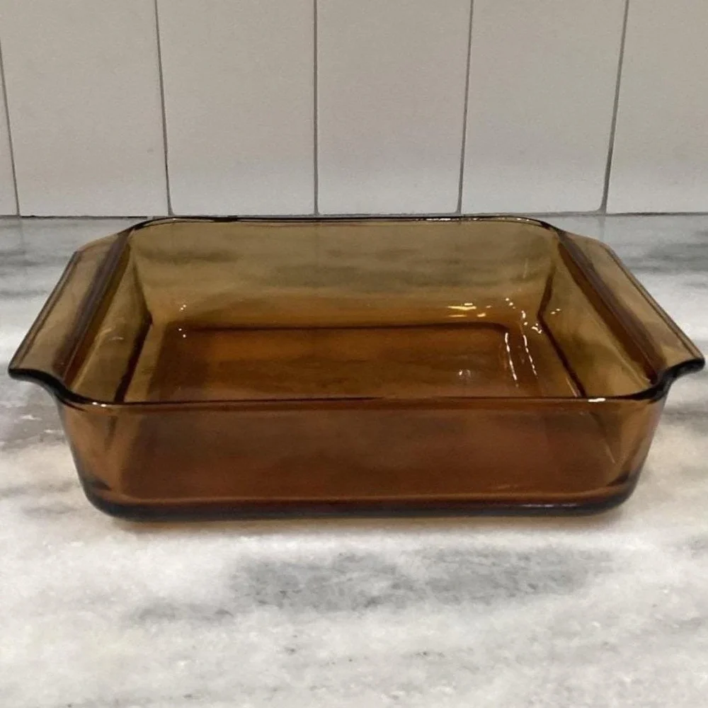 Anchor Hocking Fire-King Square Amber Baking Dish #435, Vintage Brown Bakeware‎